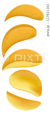 Falling potato chips. Realistic fried crispy snack 117921161