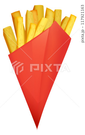 French fries pack. Red paper snack realistic basket 117921163