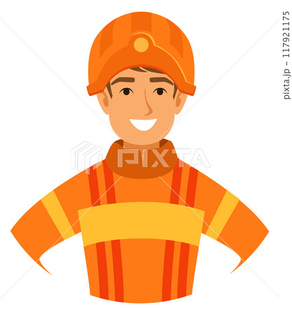 Firefighter cartoon character. Cheerful occupation mascot portrait Firefighter cartoon character. Cheerful occupation mascot portrait 117921175