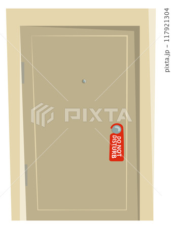 Hotel room cartoon door with dont disturb sign 117921304