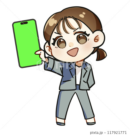 スーツを来た若い女性がスマホを見せているポップで可愛いデフォルメイラスト スーツを来た若い女性がスマホを見せているポップで可愛いデフォルメイラスト 117921771