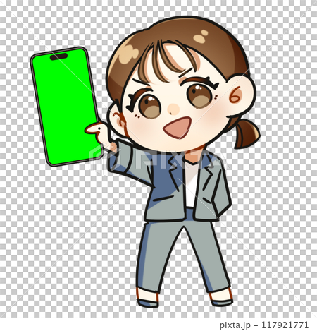 スーツを来た若い女性がスマホを見せているポップで可愛いデフォルメイラスト スーツを来た若い女性がスマホを見せているポップで可愛いデフォルメイラスト 117921771
