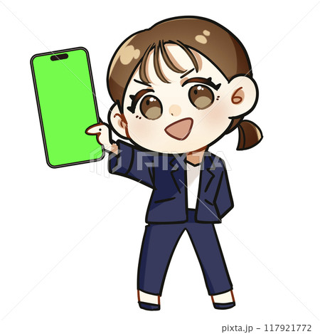 スーツを来た若い女性がスマホを見せているポップで可愛いデフォルメイラスト スーツを来た若い女性がスマホを見せているポップで可愛いデフォルメイラスト 117921772