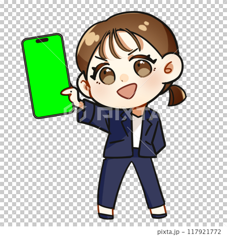 A cute and deformed illustration of a young woman in a suit showing her smartphone 117921772