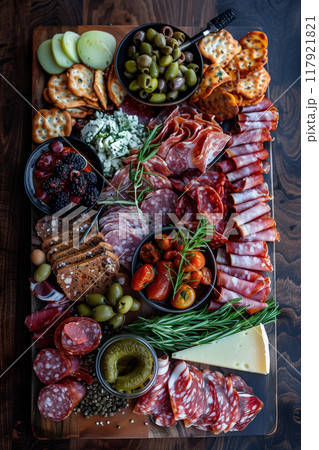 Savory charcuterie board featuring a variety of delectable meat snacks 117921821