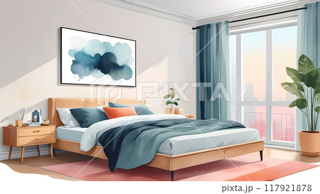 水彩画風のタッチによるベッドルームの室内パースのイラスト素材