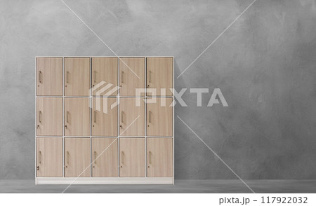 Wooden storage cabinets in the gym The background is cement. Wooden storage cabinets in the gym The background is cement. 117922032