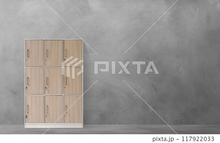 Wooden storage cabinets in the gym The background is cement. 117922033