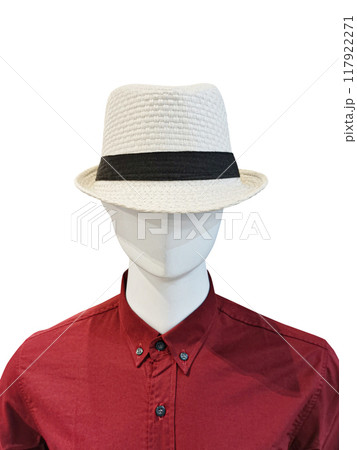 The mannequin is wearing a hat and a red shirt. 117922271