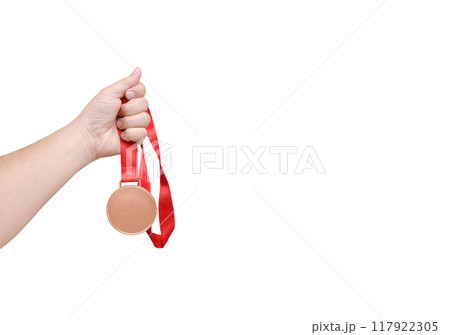 Holding a bronze medal, winner, white background 117922305