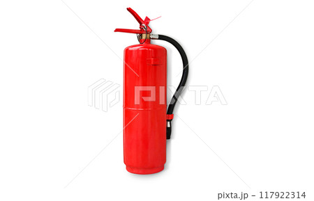 Red fire extinguisher hanging on white wall Red fire extinguisher hanging on white wall 117922314