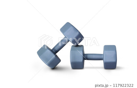 gray steel dumbbell For exercising on a white surface 117922322