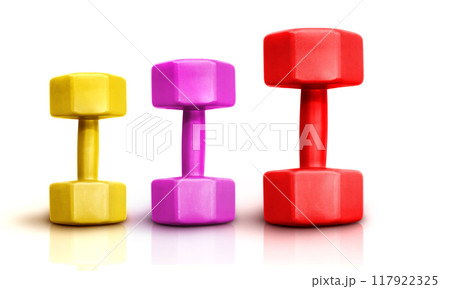 Red, pink, yellow steel dumbbells for exercise on a white background. Red, pink, yellow steel dumbbells for exercise on a white background. 117922325