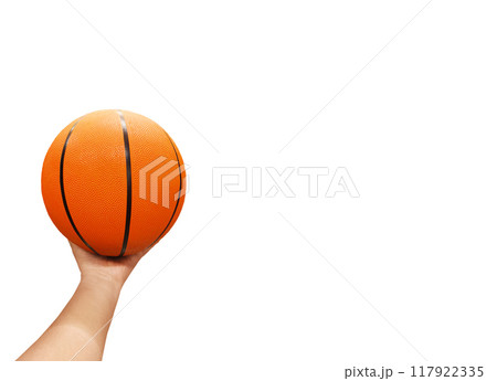 Basketball ball in hands isolated on white background. 117922335