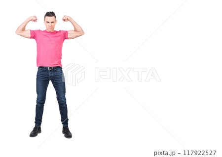 Strong young man showing muscles against white background 117922527