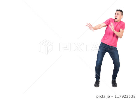 Scared man screaming in panic. White background Scared man screaming in panic. White background 117922538