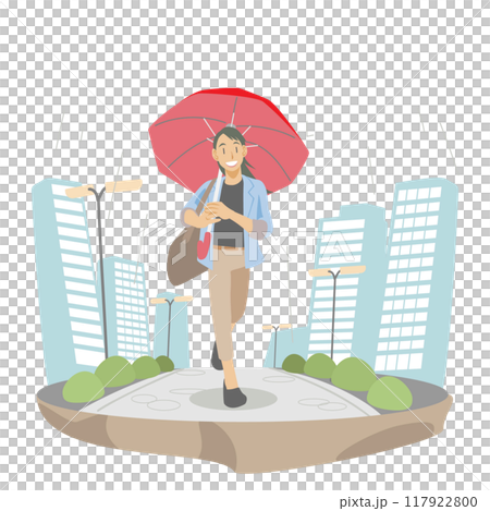Illustration of a businesswoman walking through a rainy city 117922800