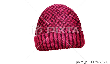 Red and black pattern knit hat Isolated on a white background 117922974