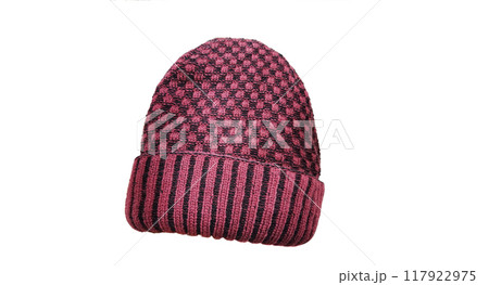 Red and black pattern knit hat Isolated on a white background 117922975
