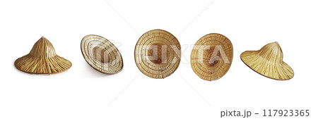 Traditional Asian hat woven with palm leaves. on a white background 117923365