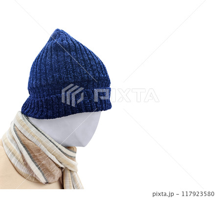 Blue knitted hat model head with scarf isolated on white 117923580