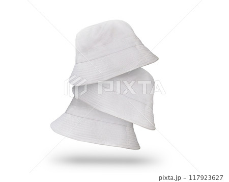 Three white bucket hats isolated on white background. 117923627