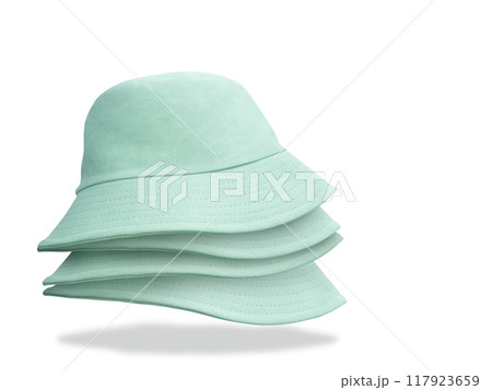 stacked green bucket hats Isolated on a white background stacked green bucket hats Isolated on a white background 117923659