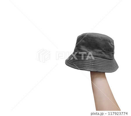 Black bucket hat on hand Isolated on a white background Black bucket hat on hand Isolated on a white background 117923774