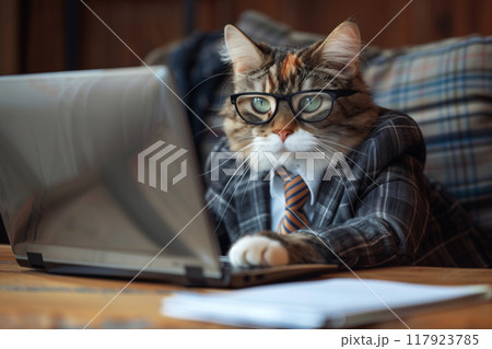 Funny business cat wearing glasses and suit working on laptop 117923785