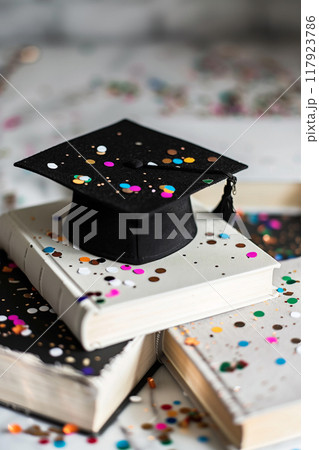 Black graduation cap on white books surrounded by celebratory confetti 117923786