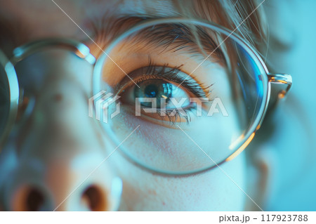 Close up shot of eyeglasses enhancing visibility and impact on eyes 117923788