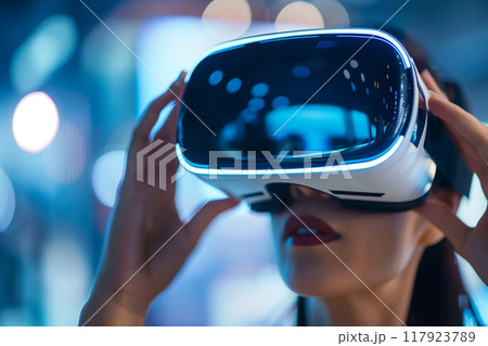 Close-up interaction with virtual reality headset at corporate event 117923789