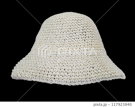 white knit bucket hat isolated on black background 117923840