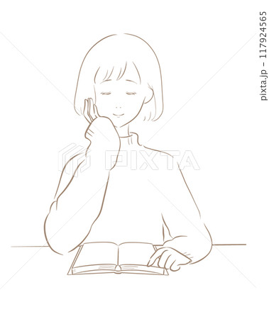 女性 読書 線画 茶色 ボブ 117924565