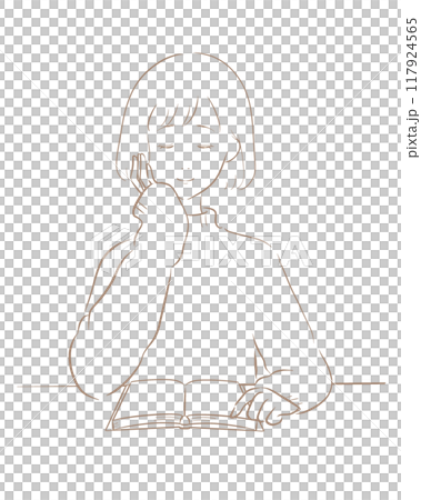 女性 読書 線画 茶色 ボブ 117924565