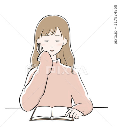 女性 読書 主線黒 ピンクニット ロングヘア 女性 読書 主線黒 ピンクニット ロングヘア 117924868