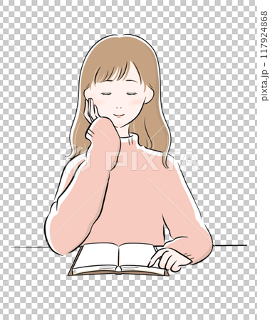 女性 読書 主線黒 ピンクニット ロングヘア 女性 読書 主線黒 ピンクニット ロングヘア 117924868