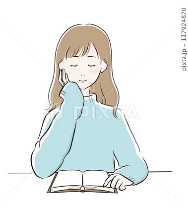 女性 読書 主線黒 水色ニット ロングヘア 117924870