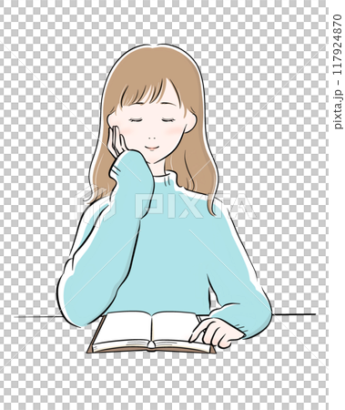 女性 読書 主線黒 水色ニット ロングヘア 117924870