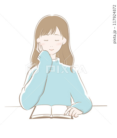 女性 読書 主線茶色 水色ニット ロングヘア 女性 読書 主線茶色 水色ニット ロングヘア 117924872