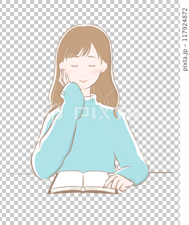 Woman reading brown main line light blue knit long hair 117924872
