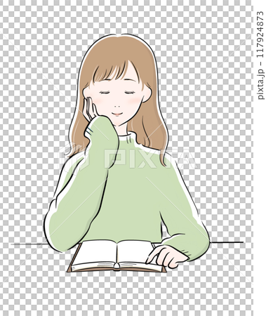 Woman reading black main line green knit long hair Woman reading black main line green knit long hair 117924873