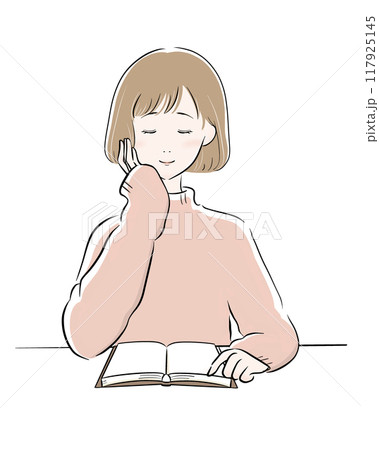 女性 読書 主線黒 ピンクニット ボブ 女性 読書 主線黒 ピンクニット ボブ 117925145