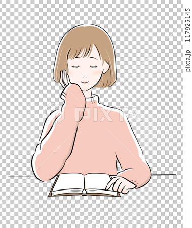 女性 読書 主線黒 ピンクニット ボブ 女性 読書 主線黒 ピンクニット ボブ 117925145