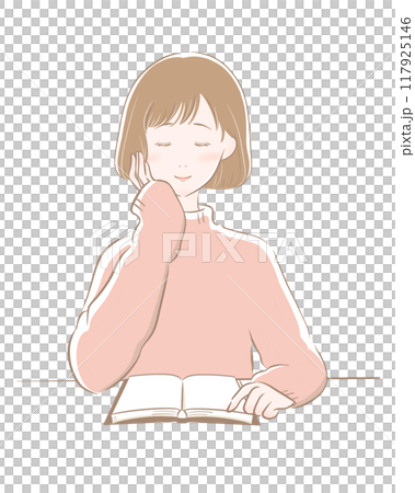 Woman reading brown main line pink knit bob Woman reading brown main line pink knit bob 117925146