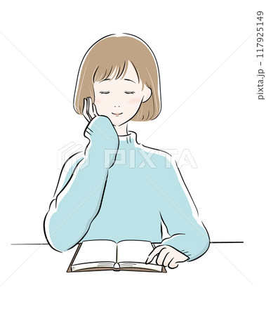 女性 読書 主線黒 水色ニット ボブ 女性 読書 主線黒 水色ニット ボブ 117925149