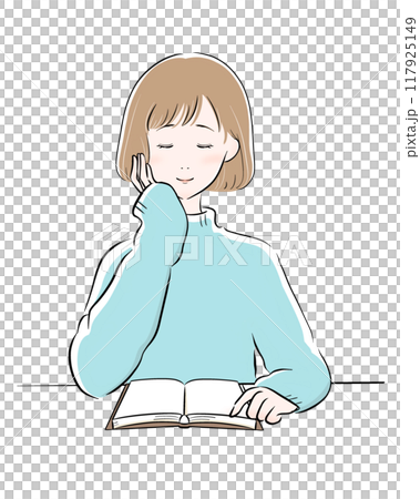 Woman reading black main line light blue knit bob 117925149