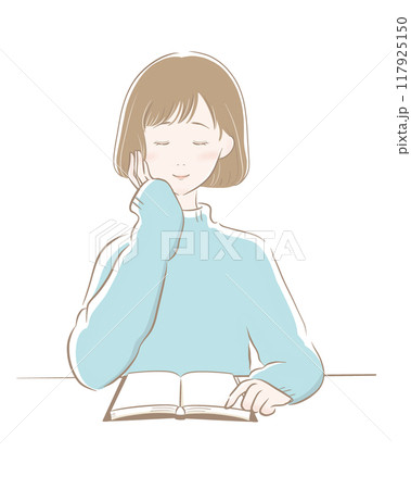 読書 主線茶色 水色ニット ボブ 117925150