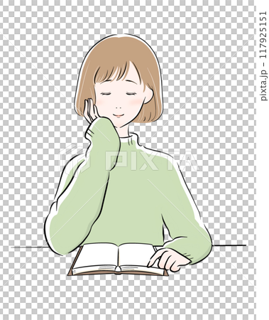 女性 読書 主線黒 グリーンニット ボブ 117925151