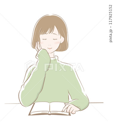 女性 読書 主線茶色 グリーンニット ボブ 117925152